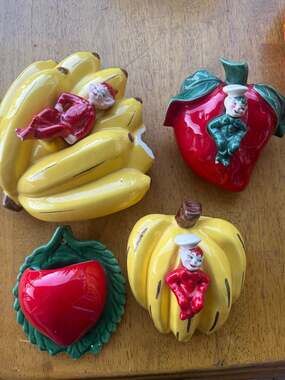 Vintage Gilner Pottery Pixie Elf Fruit Wall Pockets Set of 4